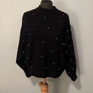 H&M Womens Black Faux Pearl Embellished Mock Neck Wool Blend Pullover Sweater XS